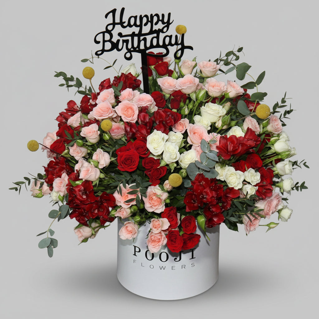 Red & Peach Roses Flower Box with Birthday Topper
