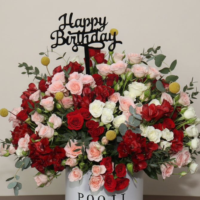 Red &amp; Peach Roses Flower Box with Birthday Topper — same-day flower delivery in Kuwait