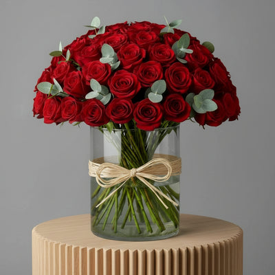 Red Roses in Glass Vase