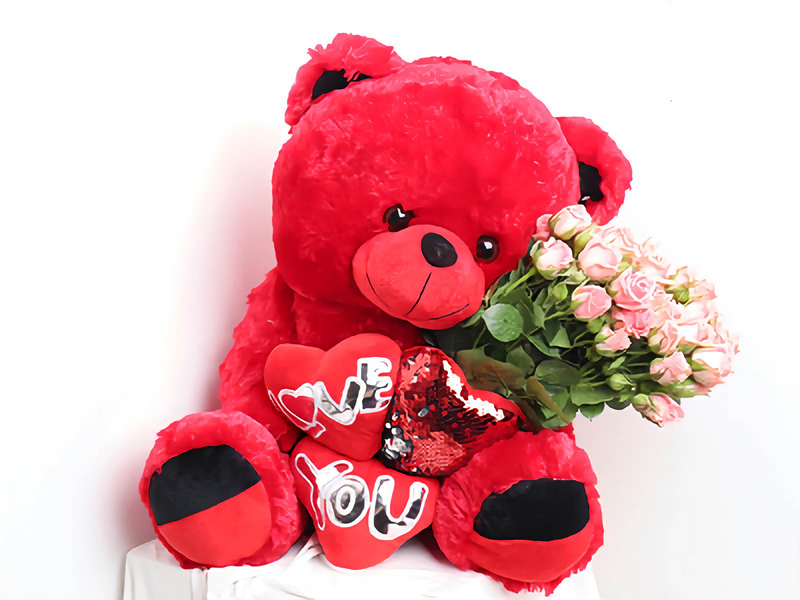 Red Teddy Bear with Baby Roses Bouquet - Love Gift Set — same-day flower delivery in Kuwait
