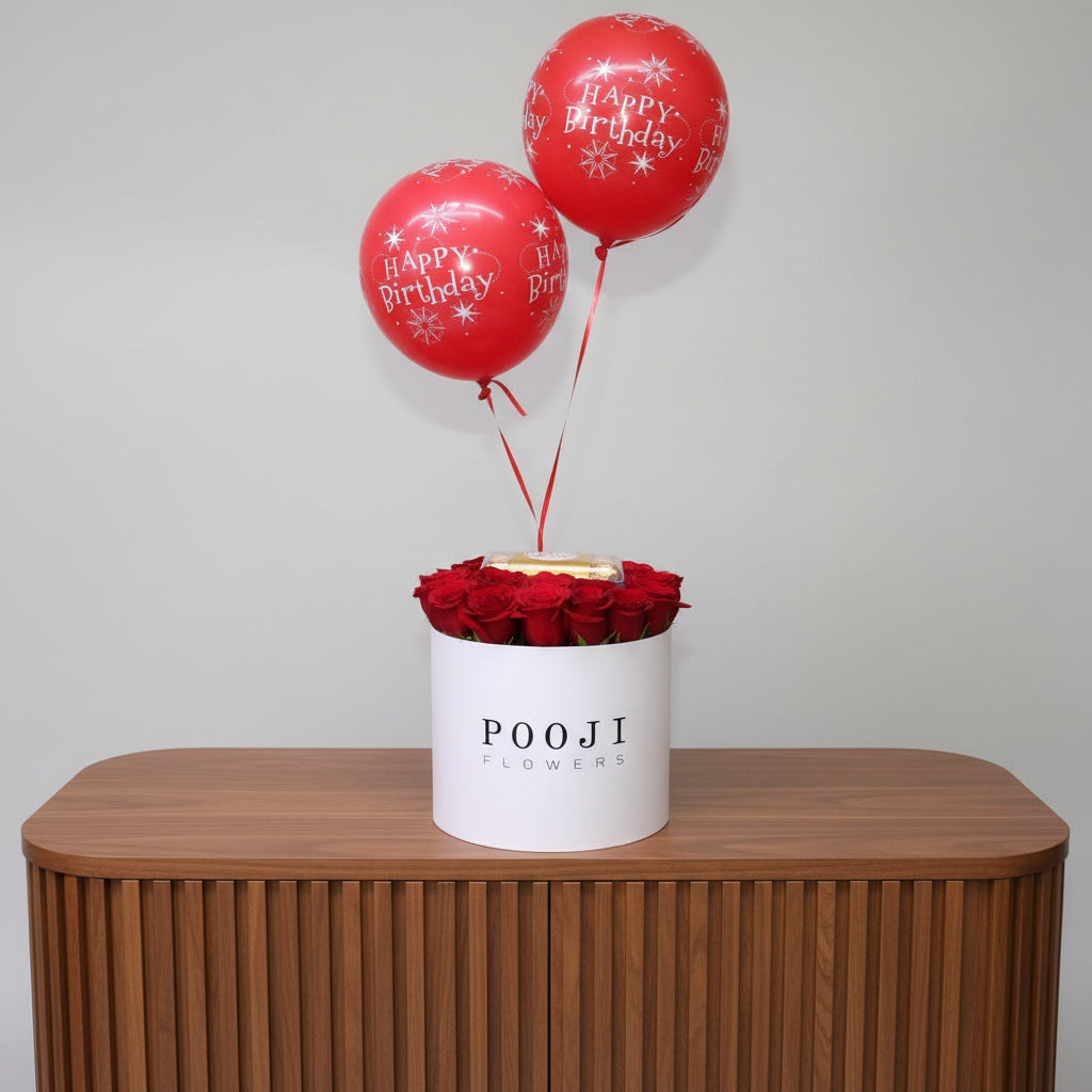 Red balloons with 'Happy Birthday' text and red roses in a white box