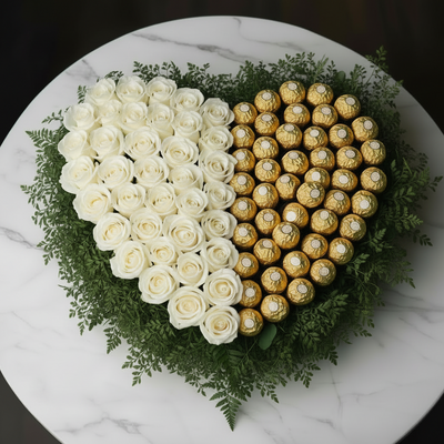 A heart-shaped floral arrangement on a white marble plate, featuring white roses on the left and gold-wrapped chocolates on the right, surrounded by green foliage.