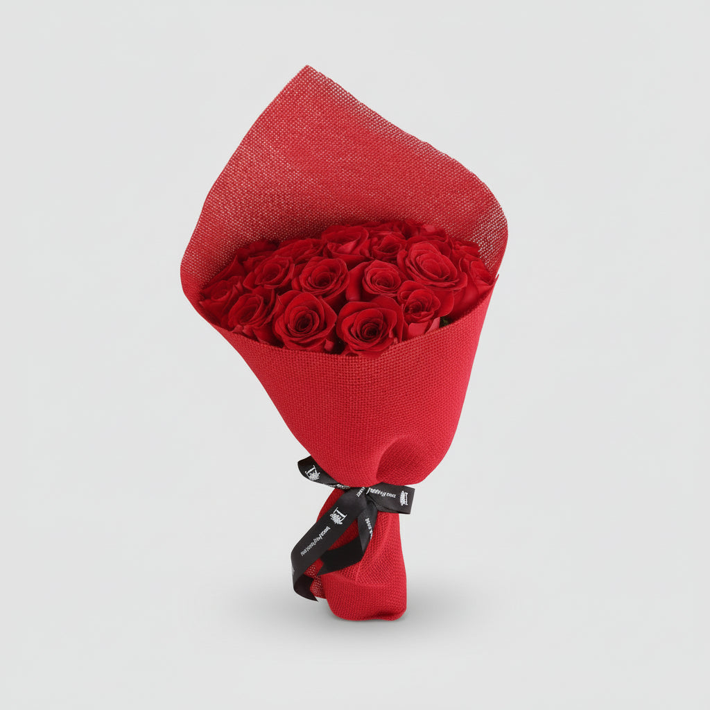 Romantic Red Rose Bouquet - 25 Premium Red Roses with Elegant Red Mesh Wrapping - Kuwait Flower Delivery
