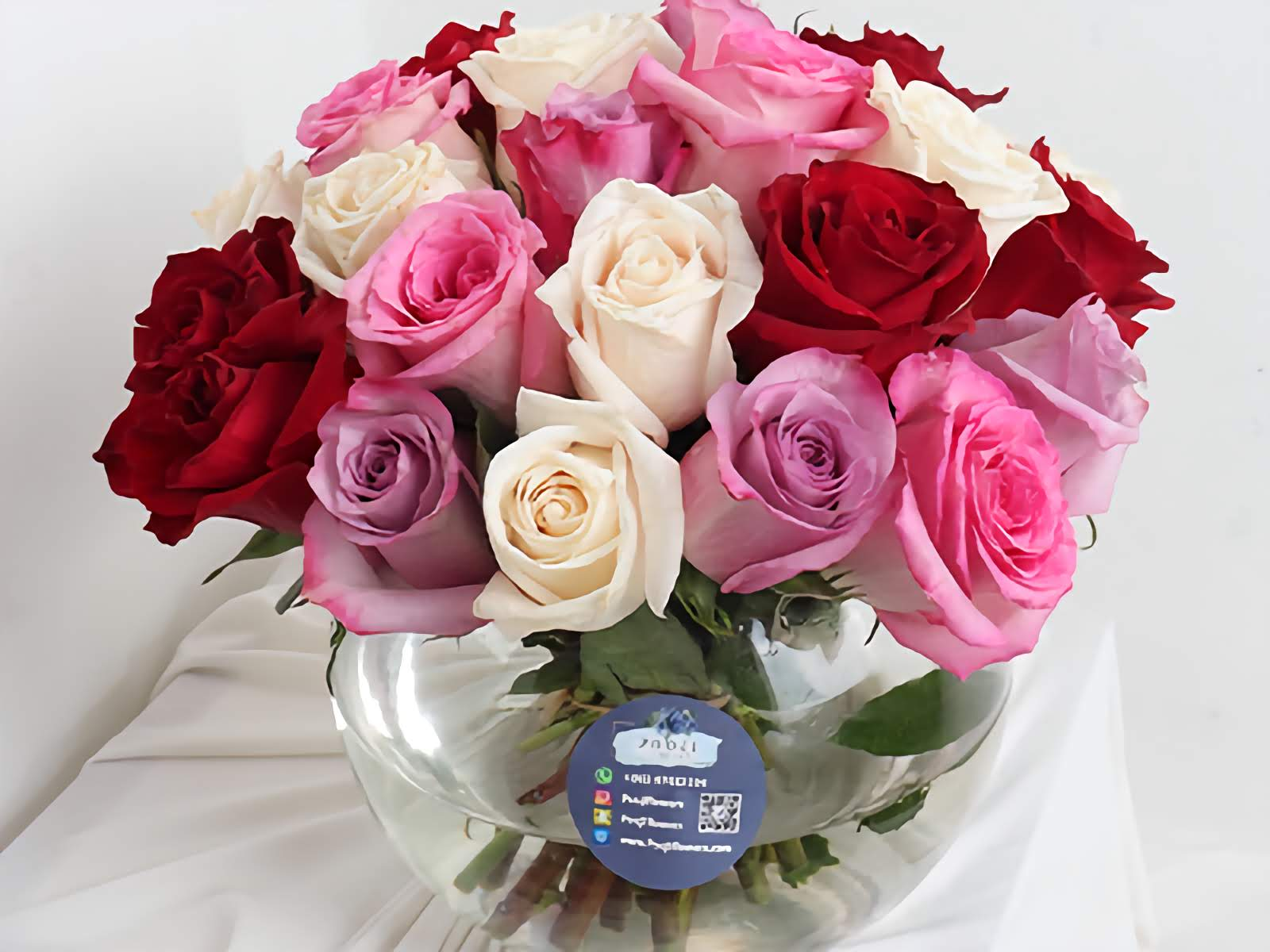 Roses Mix Colors Round Vase - 25 Premium Roses