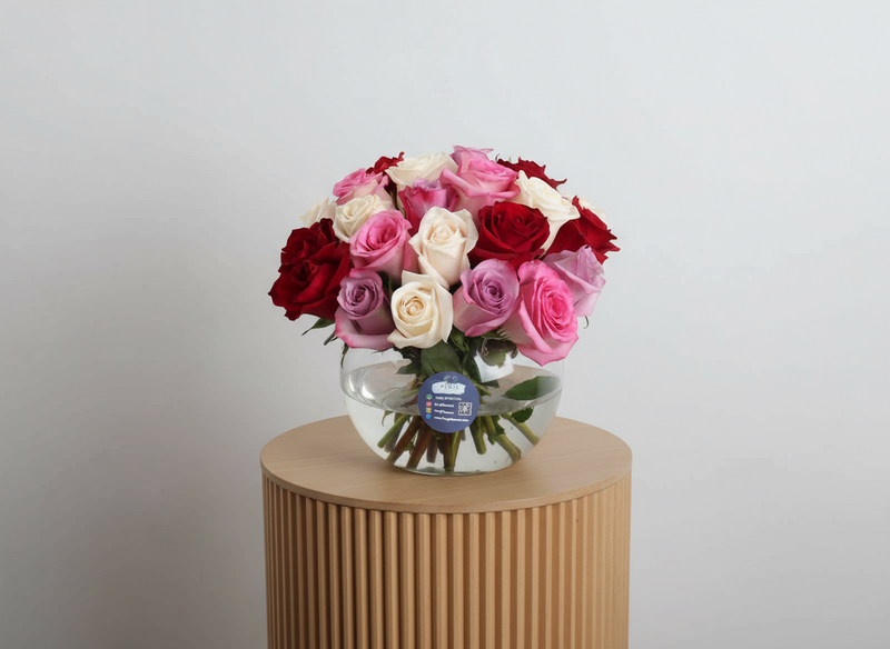 Roses Mix Colors Round Vase - 25 Premium Roses — same-day flower delivery in Kuwait