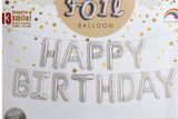 Silver 'Happy Birthday' balloon set on a white background with decorative elements.