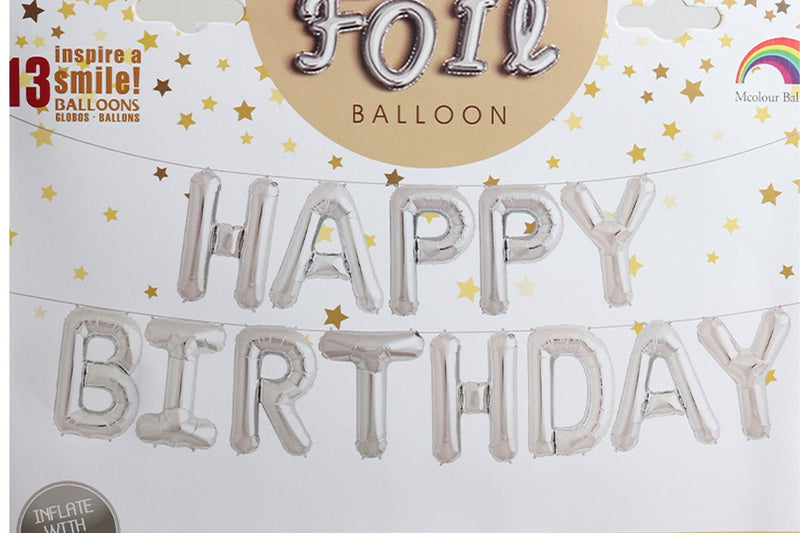 Silver 'Happy Birthday' balloon set on a white background with decorative elements.