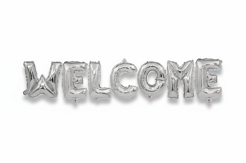 Silver 'WELCOME' balloon letters