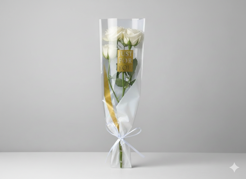 Bouquet of white roses in clear cellophane with a gold card on a gray background