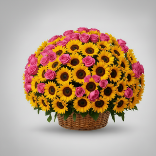 A round floral arrangement in a woven basket, featuring bright yellow sunflowers and pink roses, photographed against a light gray gradient background.