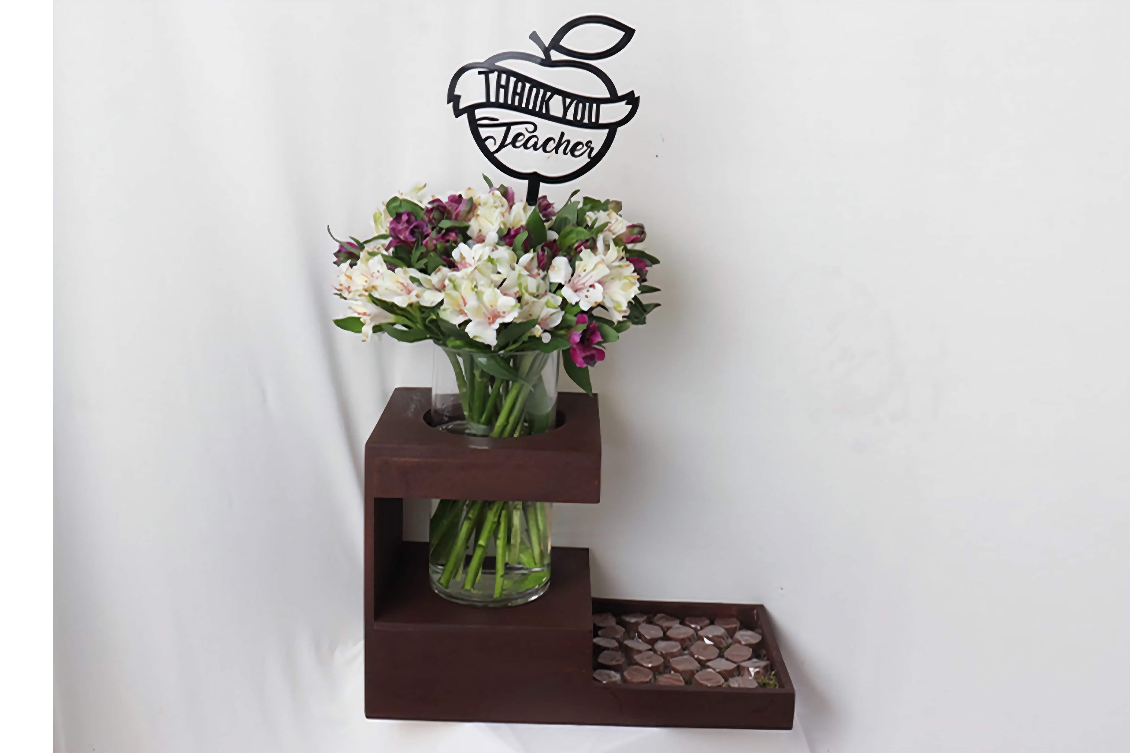 Teacher's Day Elegance - White & Purple Alstroemeria with Chocolates Brown Wood