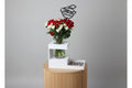 Bouquet of red and white roses on a small white table with a thank you teacher acrylic stick above in White Wood Tray.