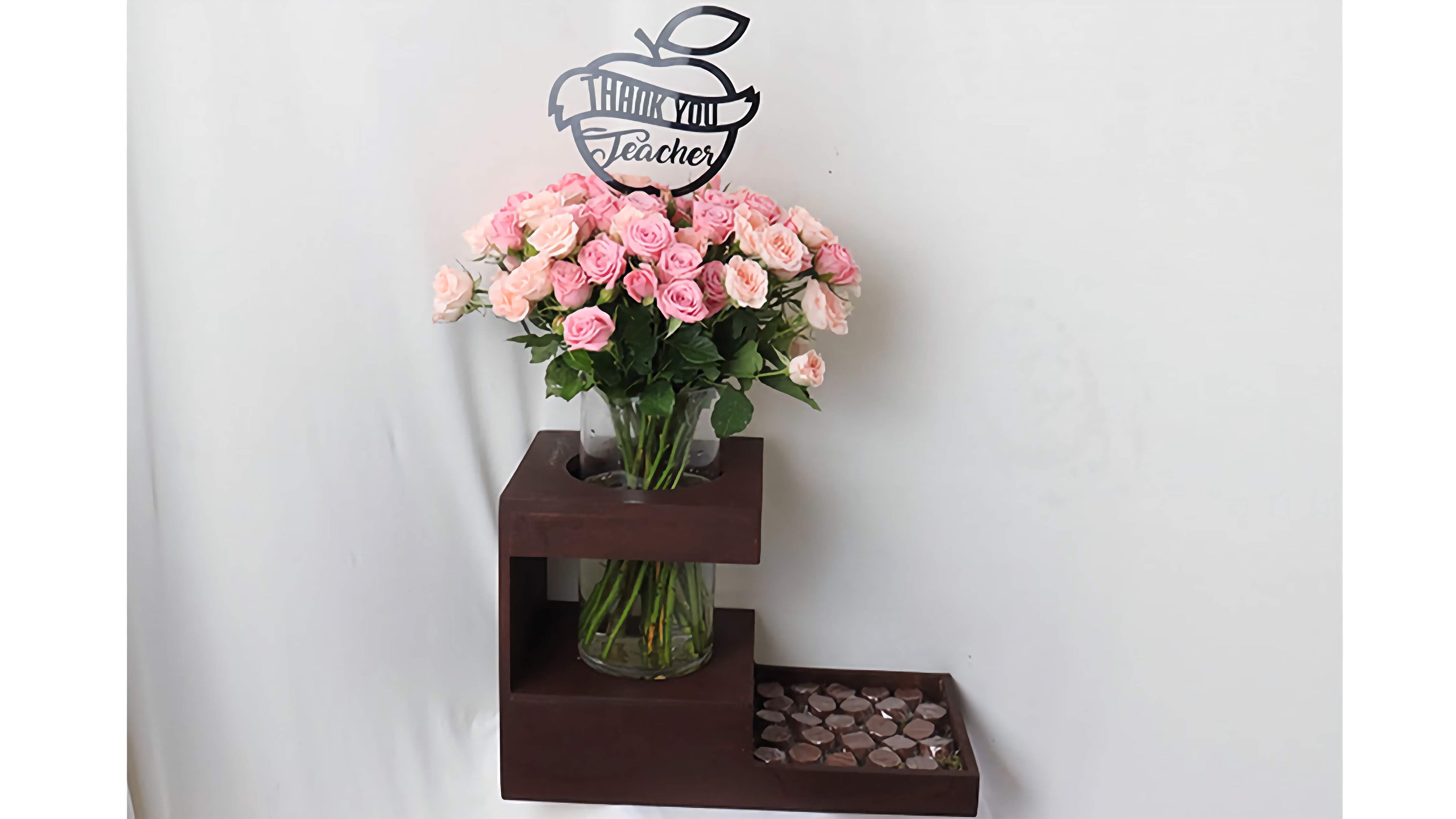 Teacher's Day Sweetness - Pink & Peach Baby Roses with Chocolates Brown Wood