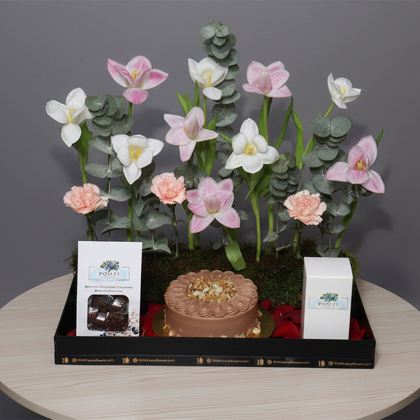 Tulips Flower Tray & Cake Gift Combo | Luxury Celebration Kuwait
