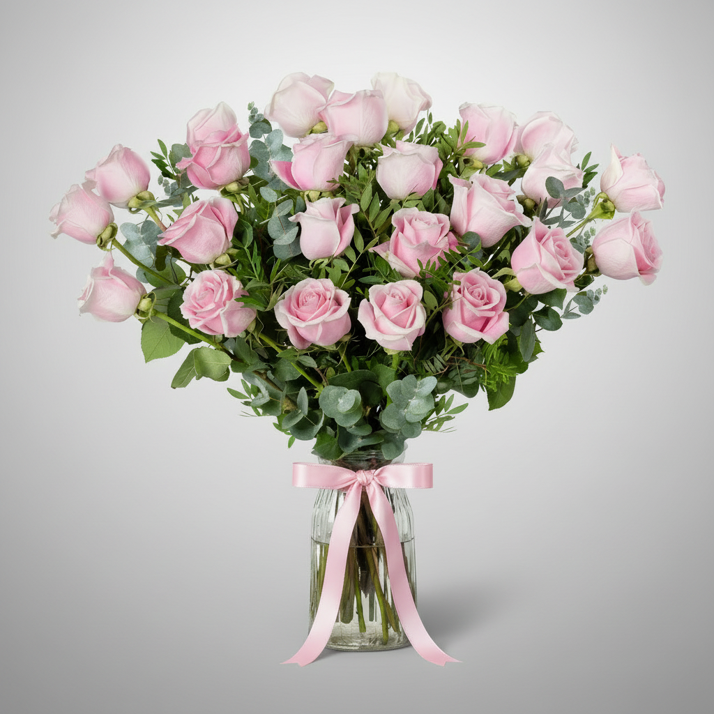 Valentine 25 Pink Roses Vase