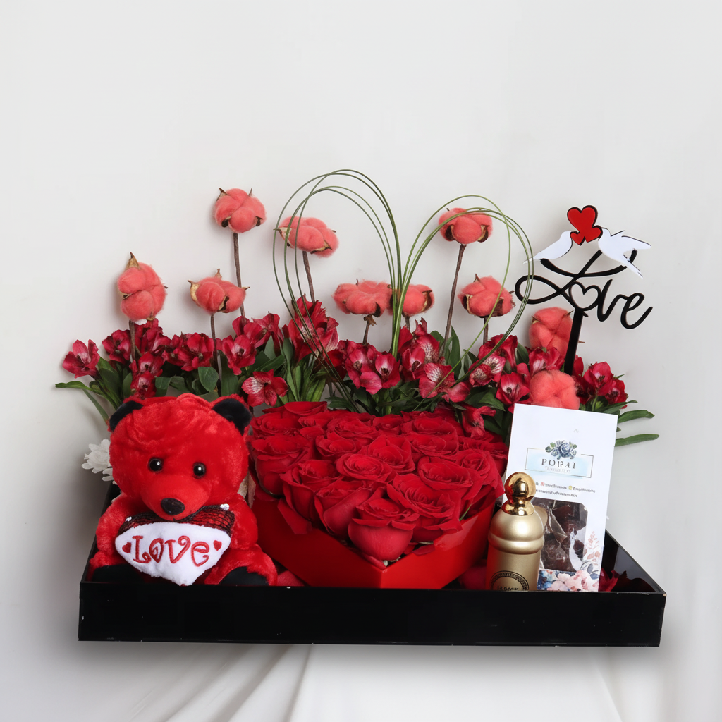 Valentine Gift Tray | Love Heart with Teddy & Perfume