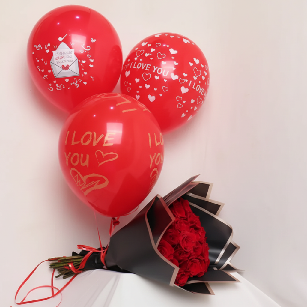 Valentine Red Roses Bouquet with Balloons