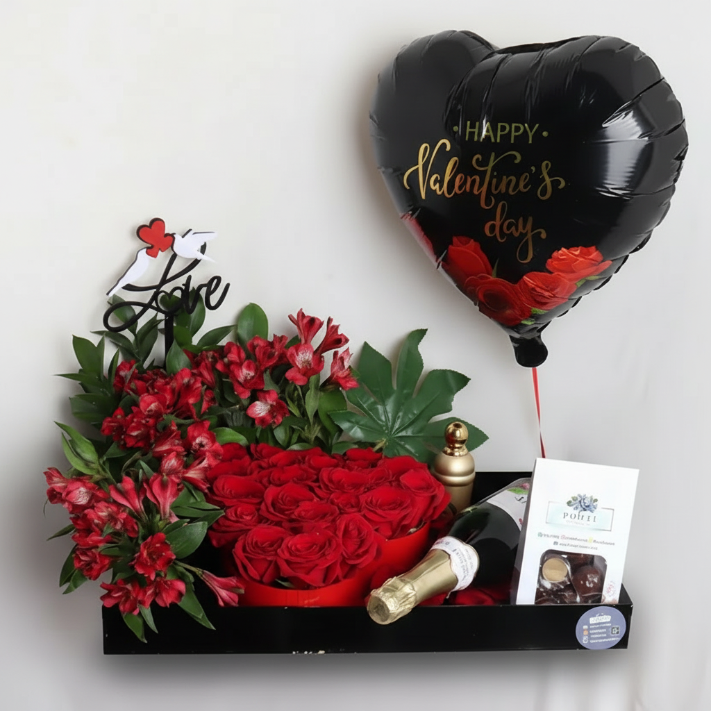 Valentine's Day gift set with red roses, a black balloon, and a bottle of wine
