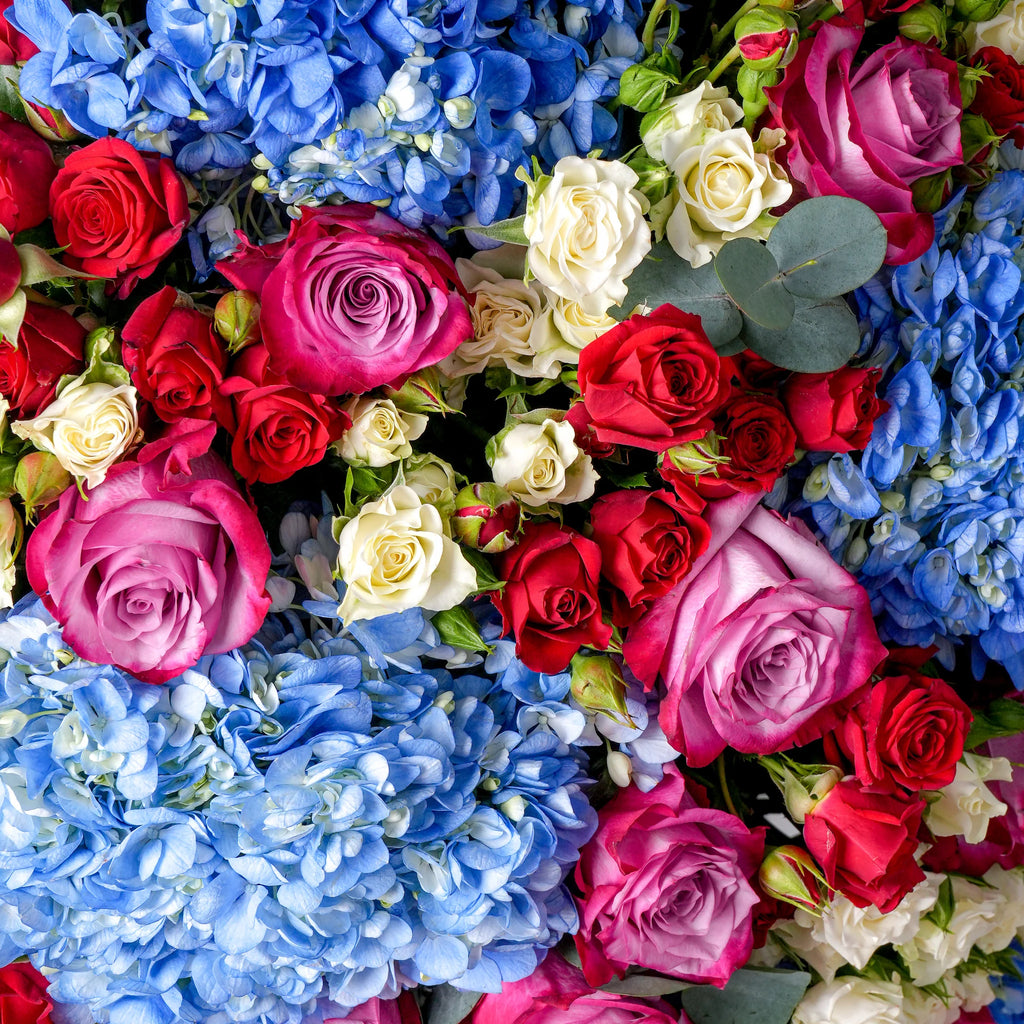 Vibrant Mixed Blue & Purple Flower Box Close Up