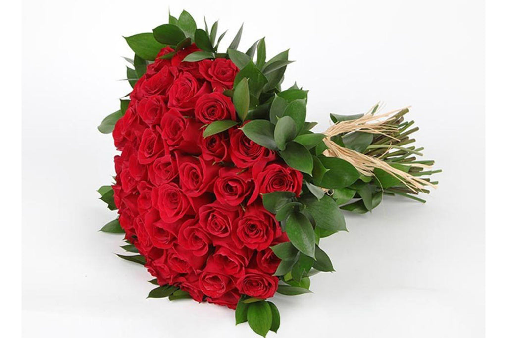 50 Red Roses Hand Bouquet With Green