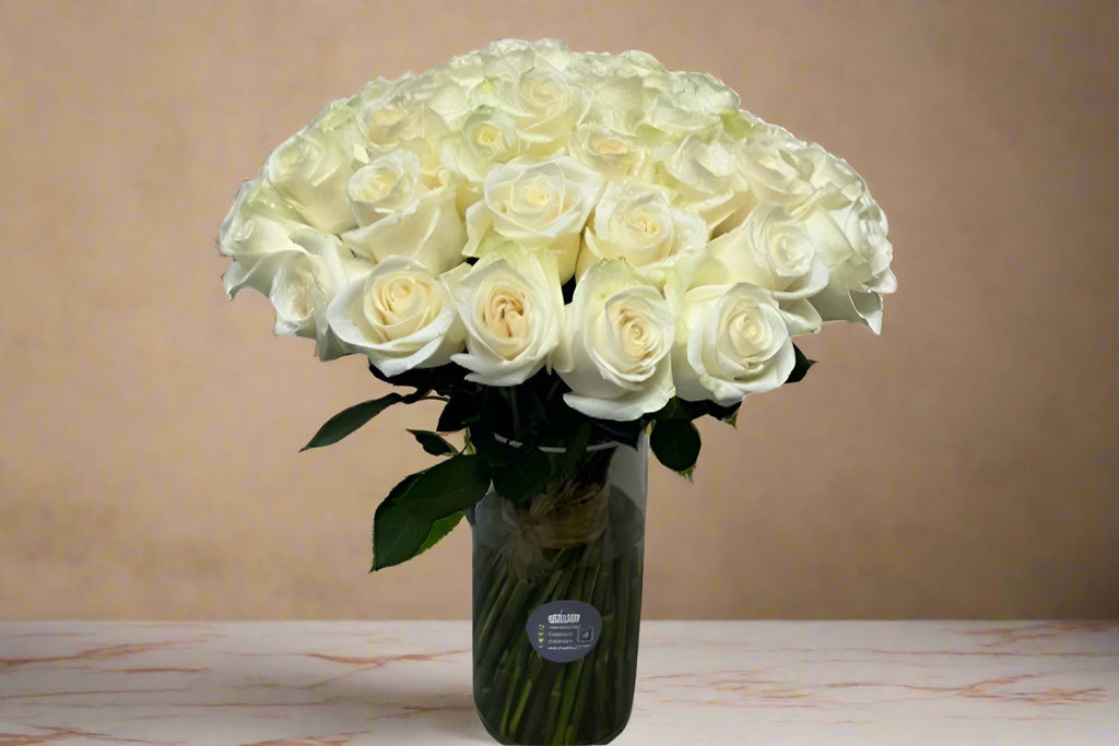 50 White Roses Clear Vase