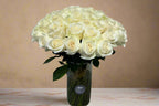 50 White Roses Clear Vase