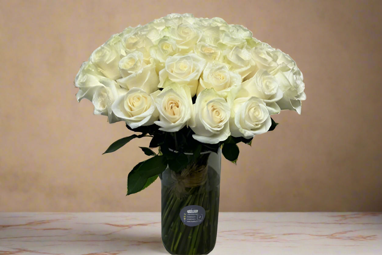 50 White Roses Clear Vase