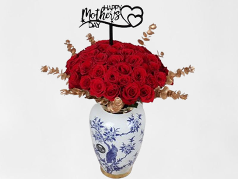 Mom Blue Vase 50 Red Roses