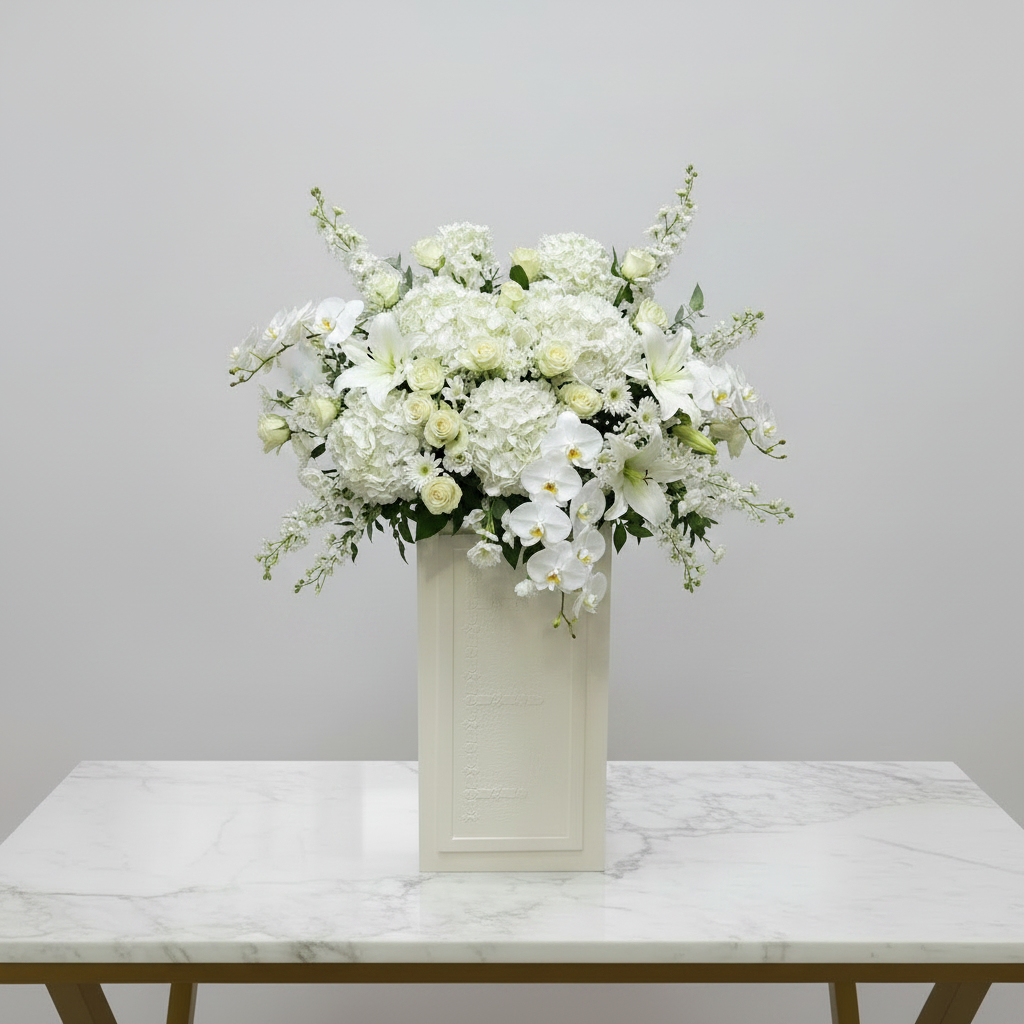 white flowers stand