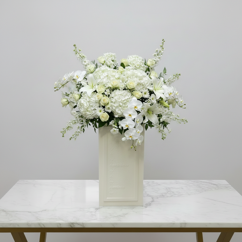 Elegant White Flowers Stand — Hydrangeas & Roses - Premium Fresh Flowers & Gifts Delivery in Kuwait