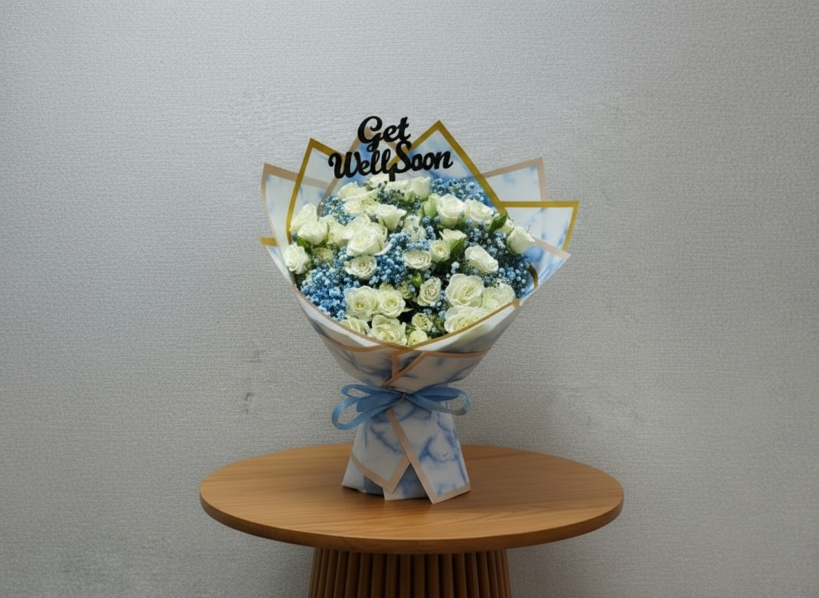 White Baby Rose Get Well Soon Hand Bouquet