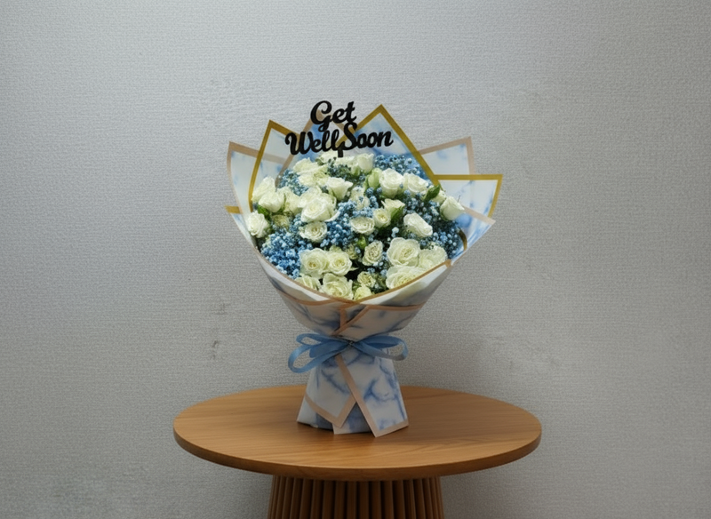 White Baby Rose Get Well Soon Hand Bouquet — same-day flower delivery in Kuwait