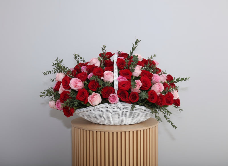 White Basket Pink And Red Arrangement Flowers — same-day flower delivery in Kuwait