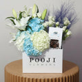 White Blue Hydrangea Flower Box - Baby Roses & Chocolates Gift