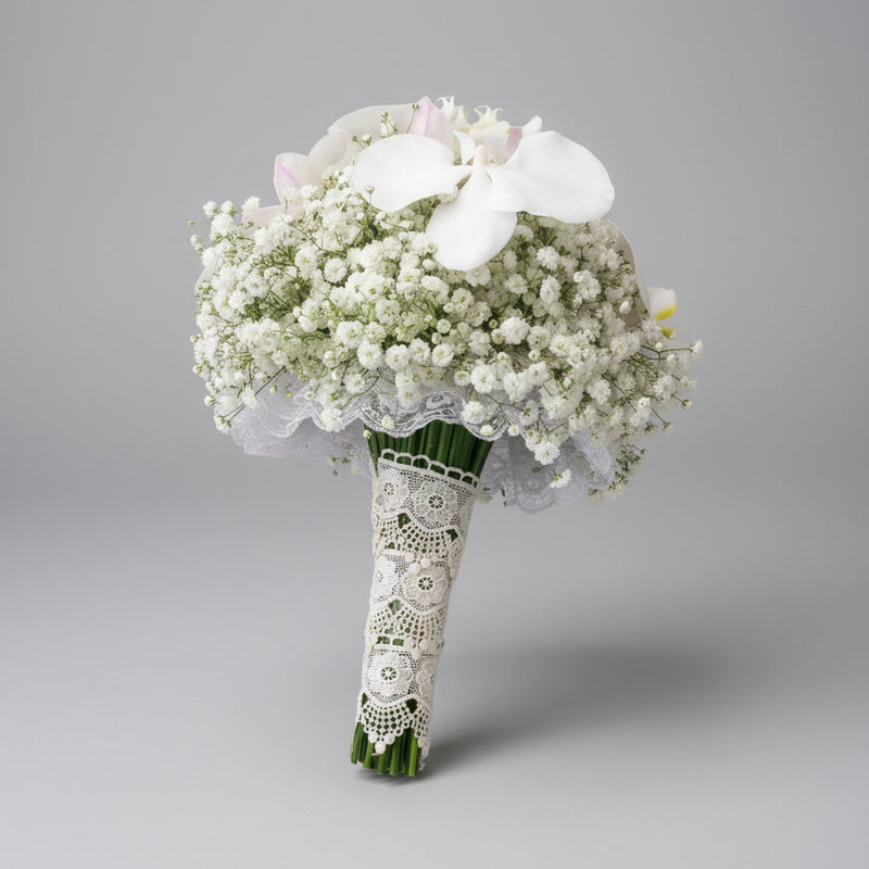 White Gypsophila &amp; Phalaenopsis Orchid Bridal Bouquet — same-day flower delivery in Kuwait