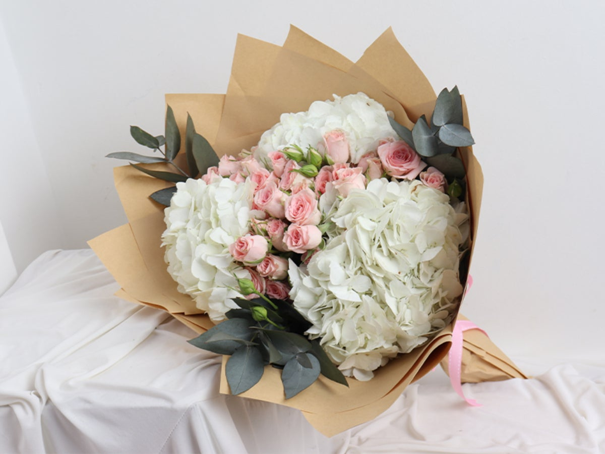 White Hydrangea & Peach Rose Hand Bouquet