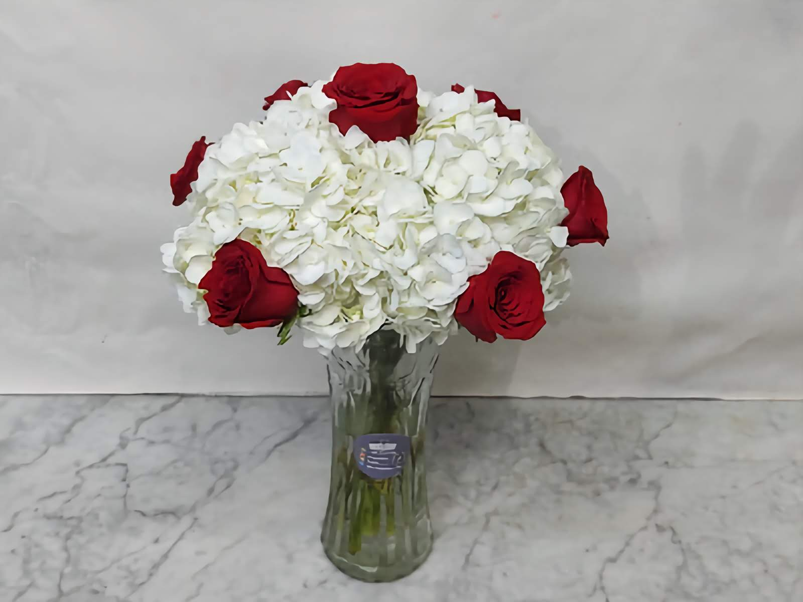 White Hydrangea & Red Rose Vase Arrangement