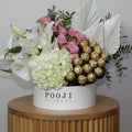 White Hydrangea &amp; Baby Roses Box with Ferrero Rocher Chocolates