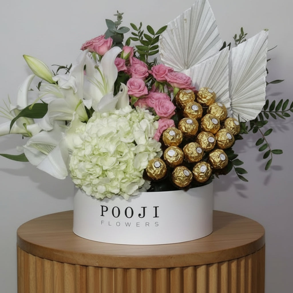 White Hydrangea &amp; Baby Roses Box with Ferrero Rocher Chocolates
