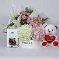 White Hydrangea &amp; Baby Roses Gift Combo with Chocolates &amp; Teddy Bear