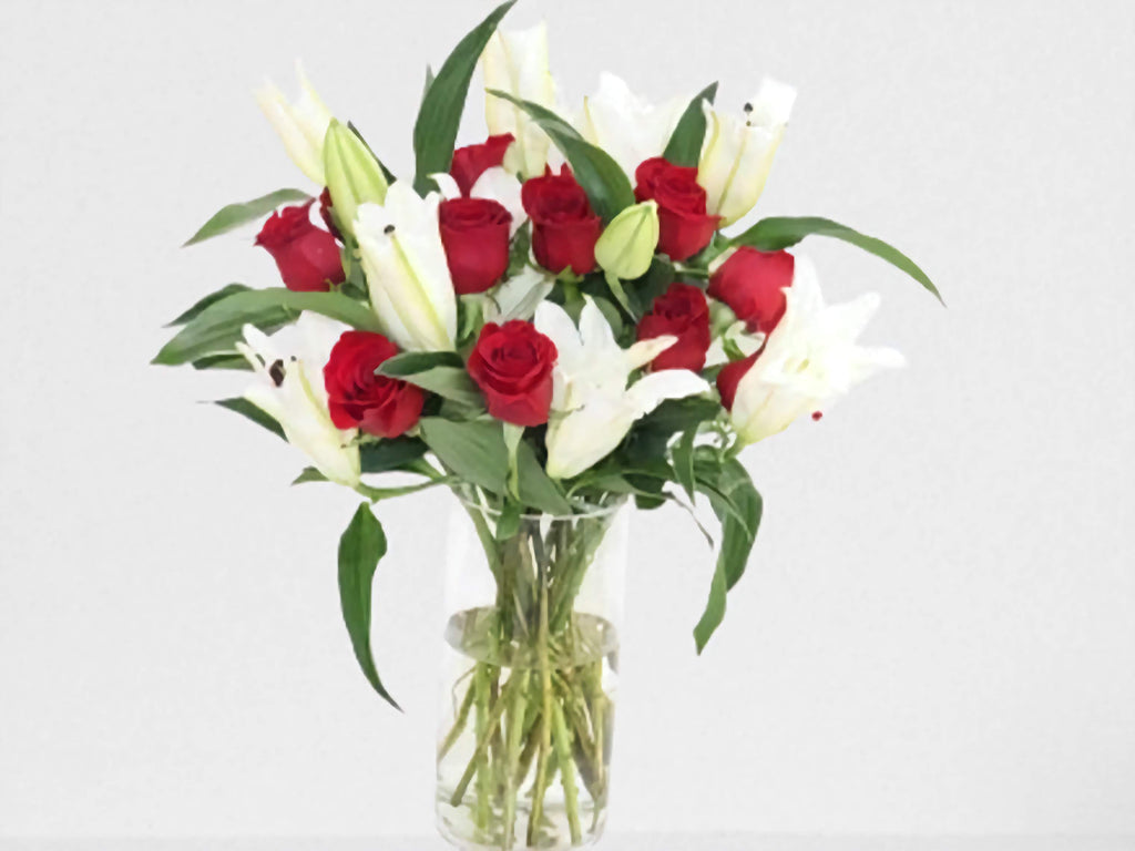White Lilium with Red Roses Vase