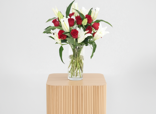 White Lilium with Red Roses Vase
