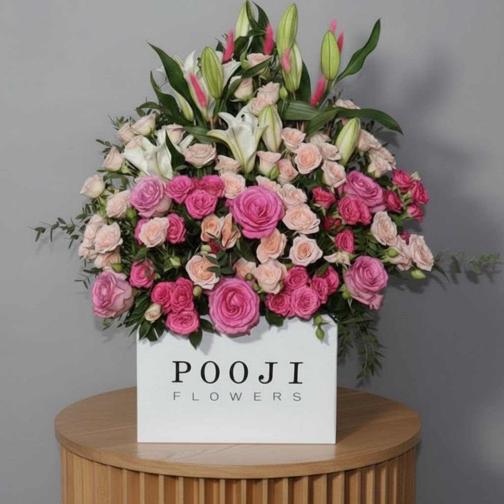White Lily & Pink Peach Baby Roses Square Flower Box