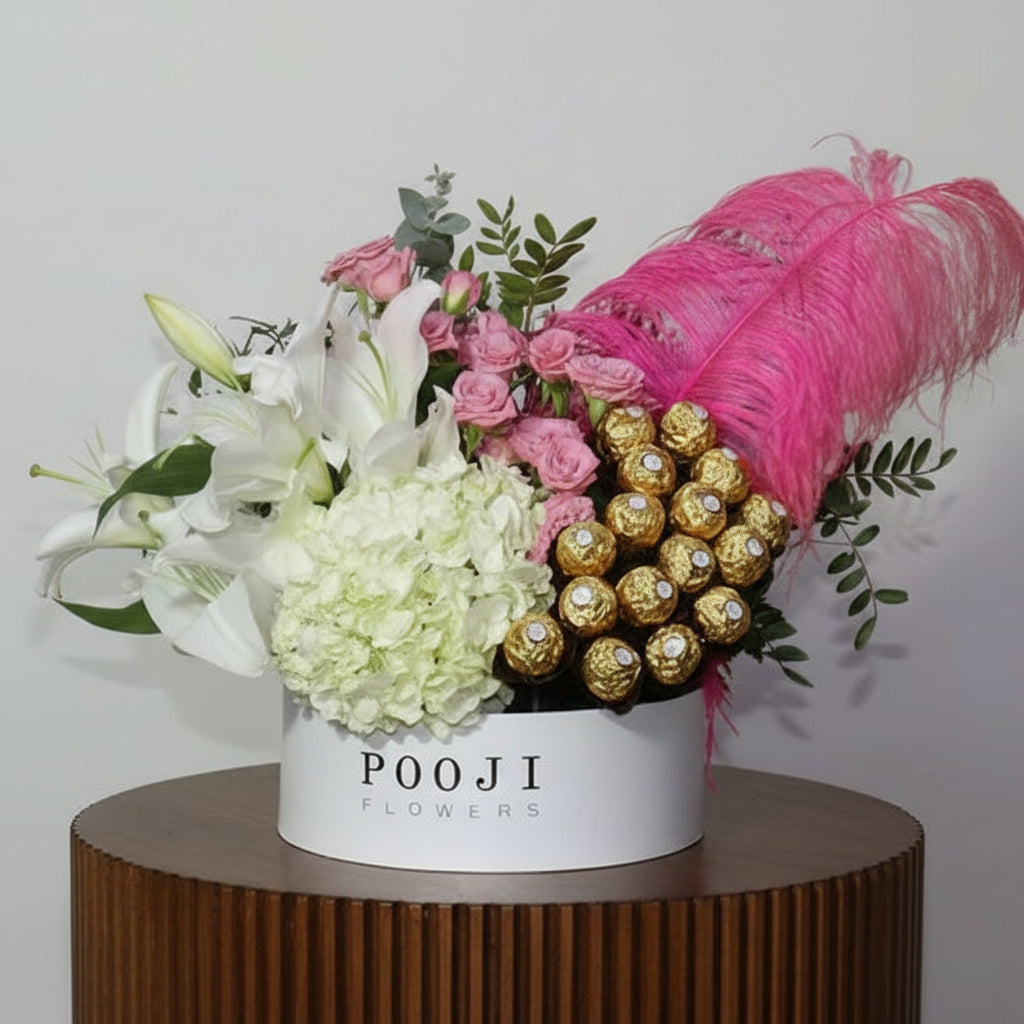 White Lily &amp; Hydrangea Bouquet with Ferrero Rocher Chocolates