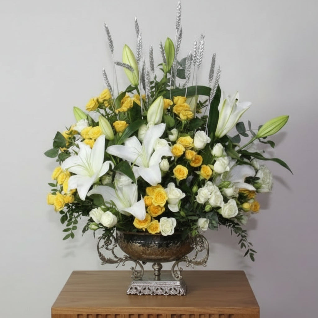 Yellow White Arrangement with Lilies & Roses - Premium Flowers Kuwait