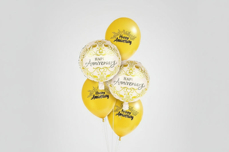 Yellow balloons with 'Happy Anniversary' text
