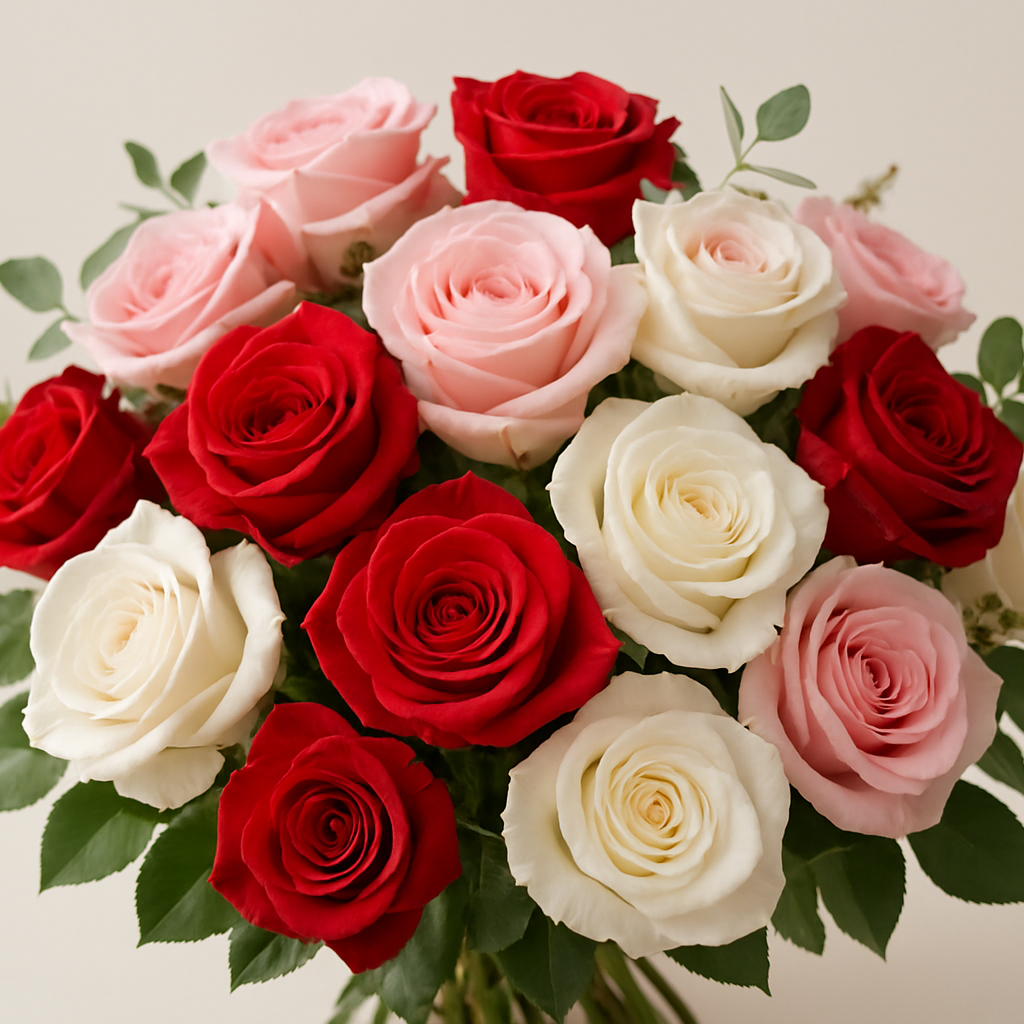 A beautiful arrangement of red, pink, and white roses with greenery