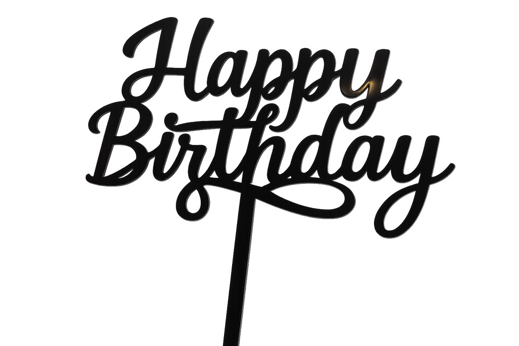 A black acrylic "Happy Birthday" cake topper with a flowing script font and a stick for inserting into a cake