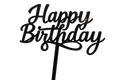 A black acrylic "Happy Birthday" cake topper with a flowing script font and a stick for inserting into a cake