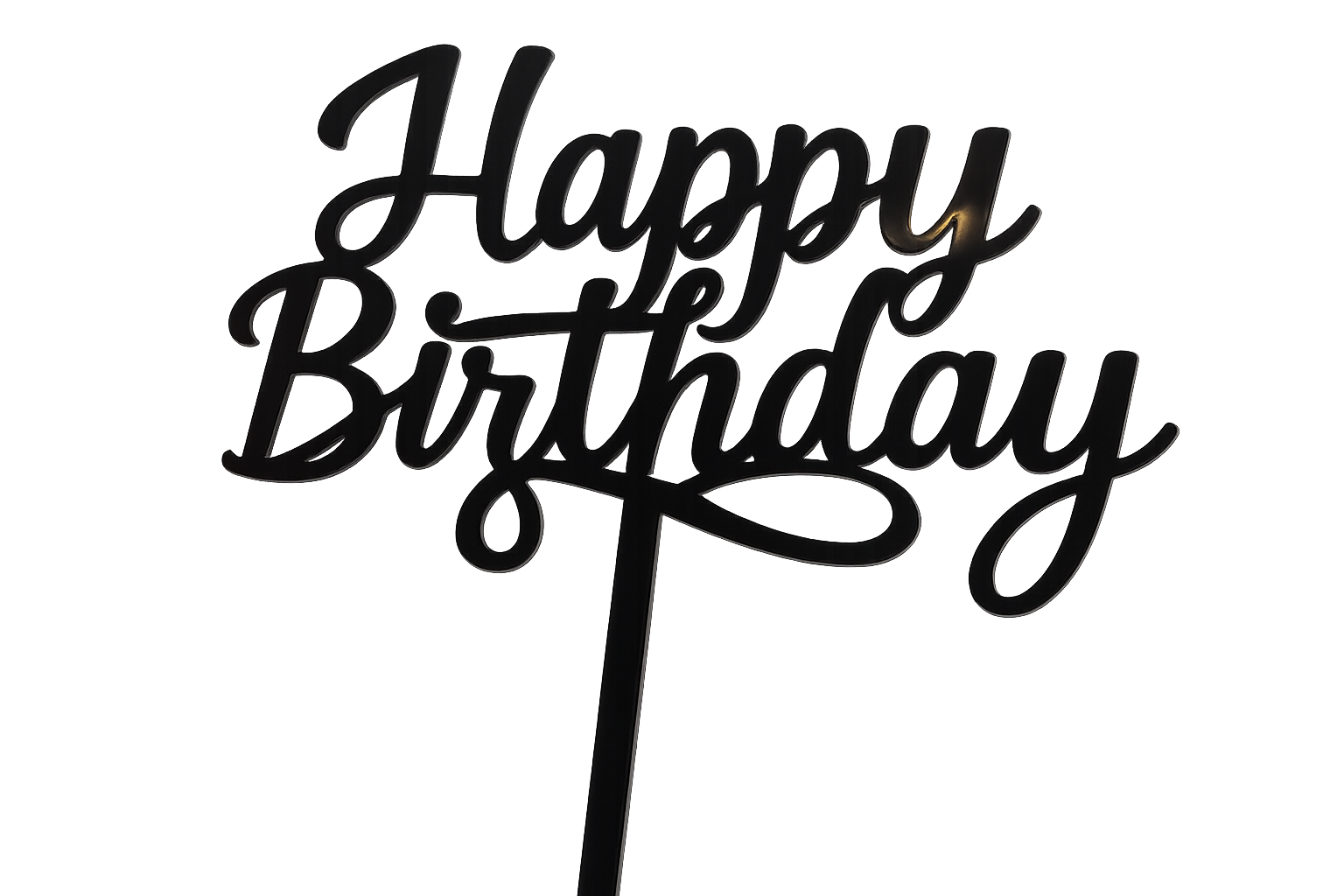 A black acrylic "Happy Birthday" cake topper with a flowing script font and a stick for inserting into a cake
